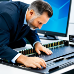 A professional man in a modest, dark business suit, meticulously inspecting cutting-edge computer components laid out on an anti-static mat in a clean, brightly lit tech lab. Visible elements include a powerful CPU chip, multiple high-speed DDR5 RAM modules, a large dedicated GPU with intricate heatsinks, and a sleek NVMe SSD. The scene conveys precision and the core power of a high-performance workstation. fully clothed, appropriate attire, professional dress, safe for work, appropriate content, perfect anatomy, correct proportions, natural pose, well-formed hands, proper finger count, natural body proportions, professional photography, high quality, family-friendly.