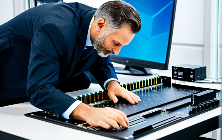 A professional man in a modest, dark business suit, meticulously inspecting cutting-edge computer components laid out on an anti-static mat in a clean, brightly lit tech lab. Visible elements include a powerful CPU chip, multiple high-speed DDR5 RAM modules, a large dedicated GPU with intricate heatsinks, and a sleek NVMe SSD. The scene conveys precision and the core power of a high-performance workstation. fully clothed, appropriate attire, professional dress, safe for work, appropriate content, perfect anatomy, correct proportions, natural pose, well-formed hands, proper finger count, natural body proportions, professional photography, high quality, family-friendly.