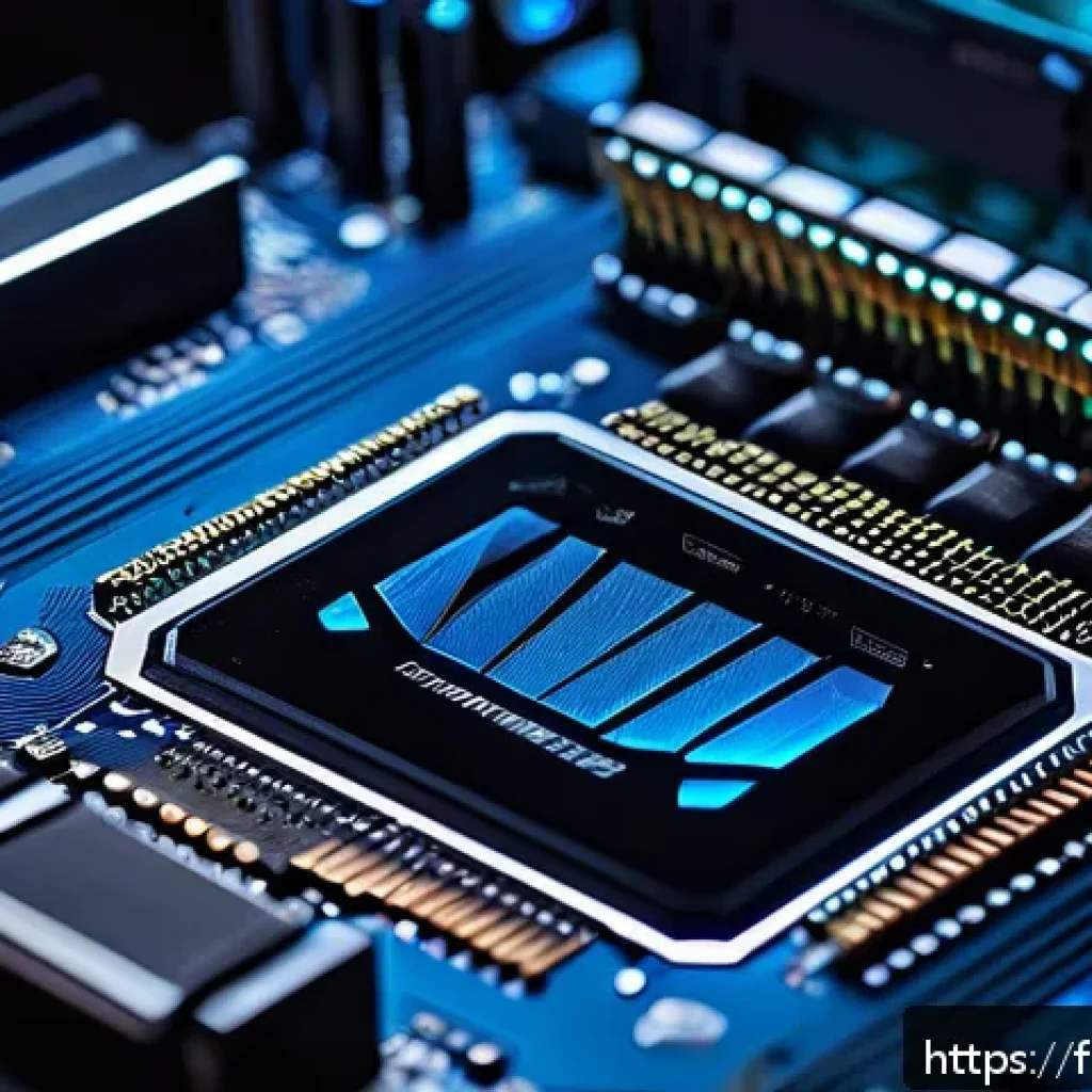 RAM 클럭 속도와 성능의 관계 - A sleek, modern computer motherboard with high-end DDR5 RAM modules installed, glowing softly with b...