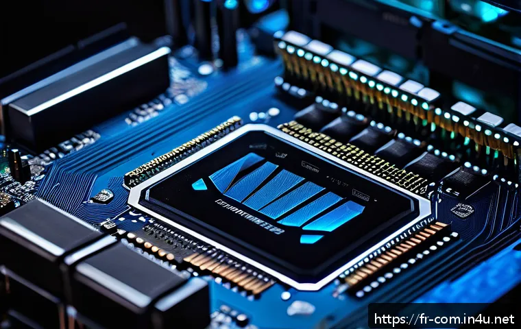 RAM 클럭 속도와 성능의 관계 - A sleek, modern computer motherboard with high-end DDR5 RAM modules installed, glowing softly with b...