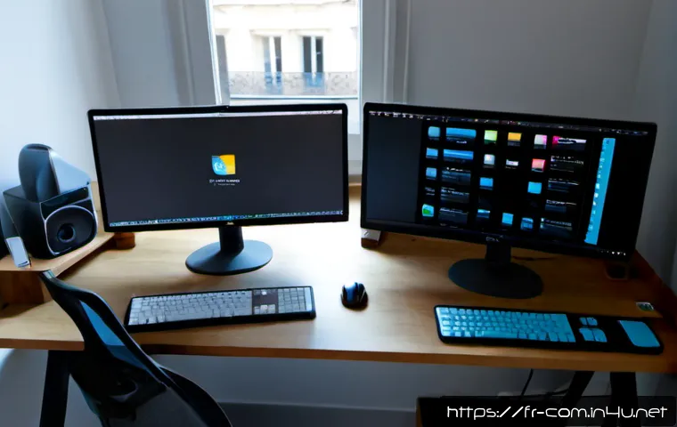 Home 15 듀얼 모니터 설정 방법 - Photorealistic home office in a bright Paris apartment, a middle-aged French professional seated at ...